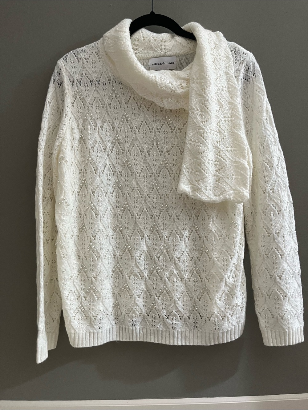 Alfred Dunner Ivory Pointelle Beaded Open-Knit Sweater Attached Scarf Collar